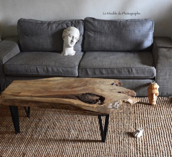 Table basse bois forme arbre sur pieds métal noir. En frêne massif. Déco originale style atelier d'artiste. Pièce unique.