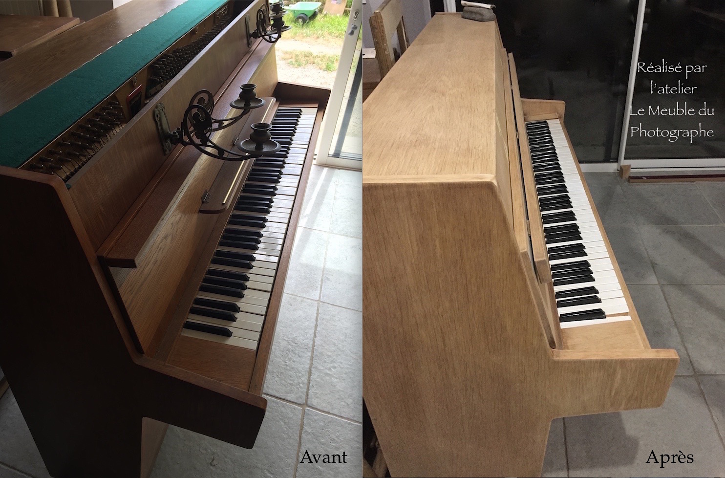 piano ancien restauré. Photo avant après atelier artisanal. bois clair.