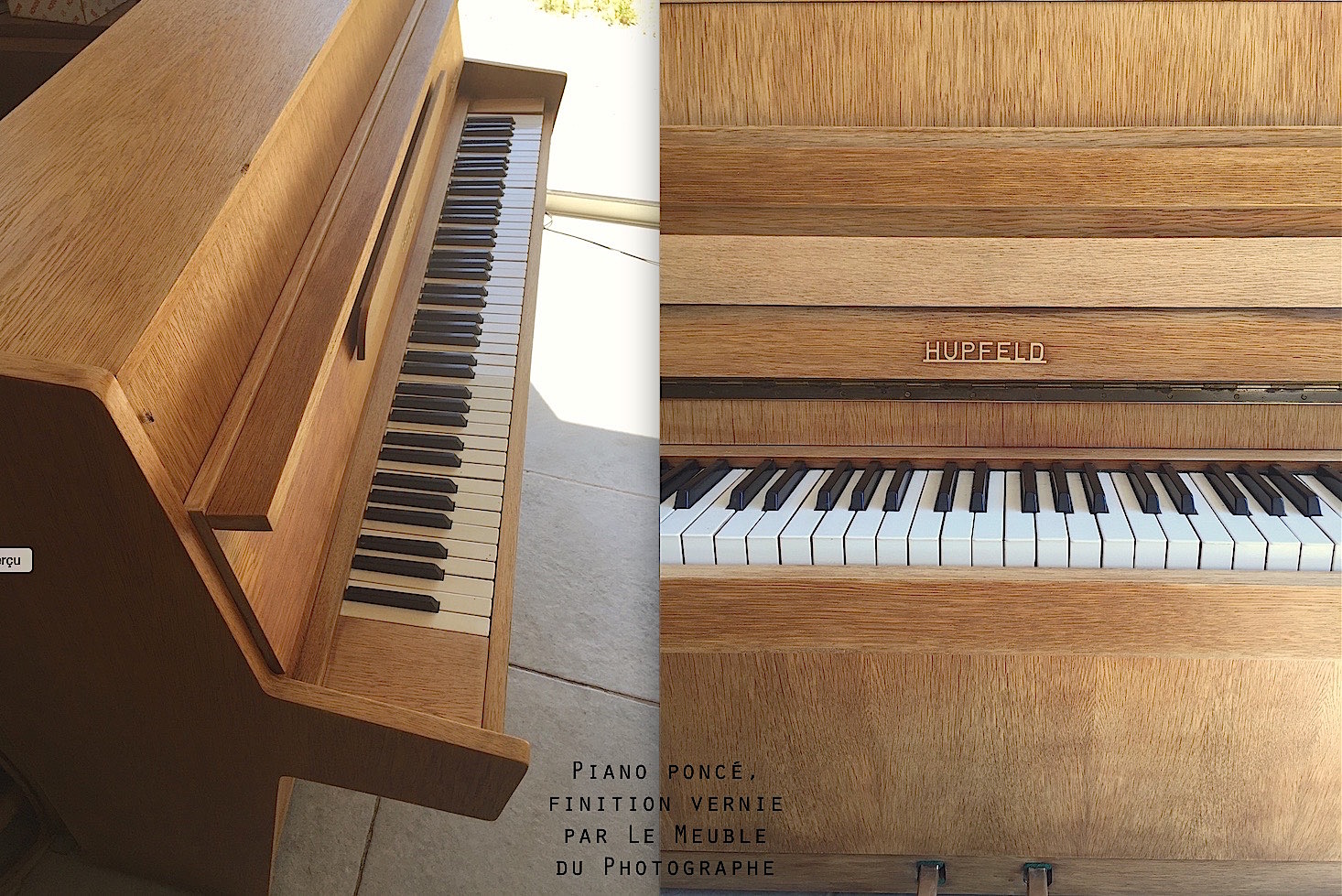 piano ancien restauré; travail artisanal bois;`