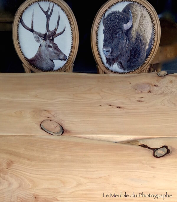 Table en bois massif et chaises médaillon cerf et bison; travail artisanal français. Pour ambiance chalet, déco hiver.