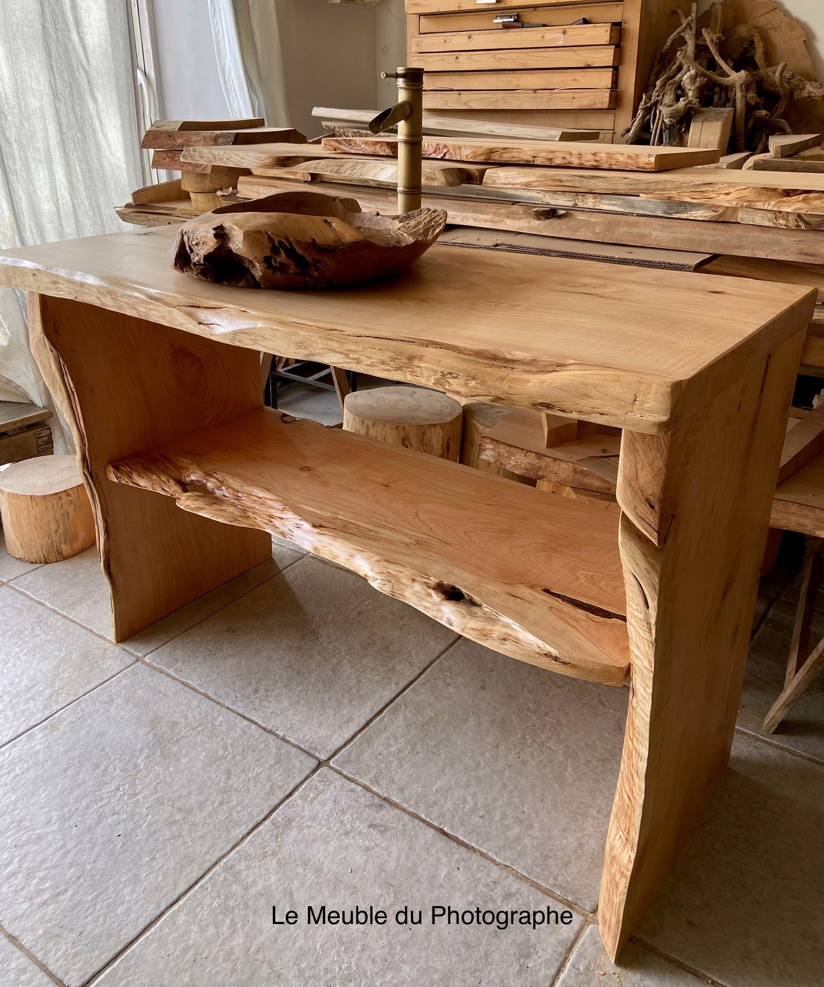 Meuble vasque bois massif forme arbre 120cm.