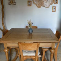 Salle a manger tout en bois vintage. un rondin de bois en applique murale, une lampe ou lampadaire en branche d'arbre.