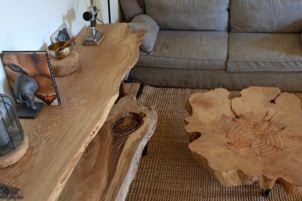 salon nature avec grande table en rondin de bois, console en planches de frêne massives