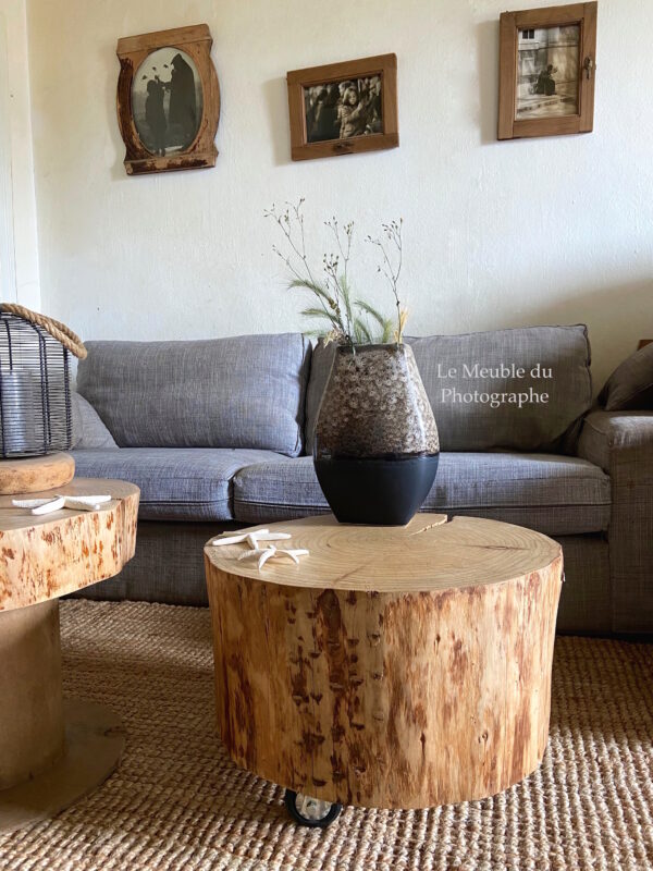 table basse rondin 50 cm sur roulettes