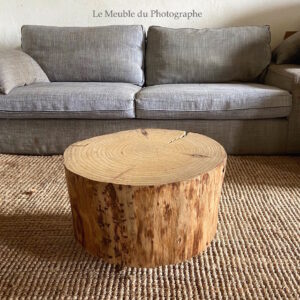 table rondin de bois 50 cm sur roulettes devant canapé