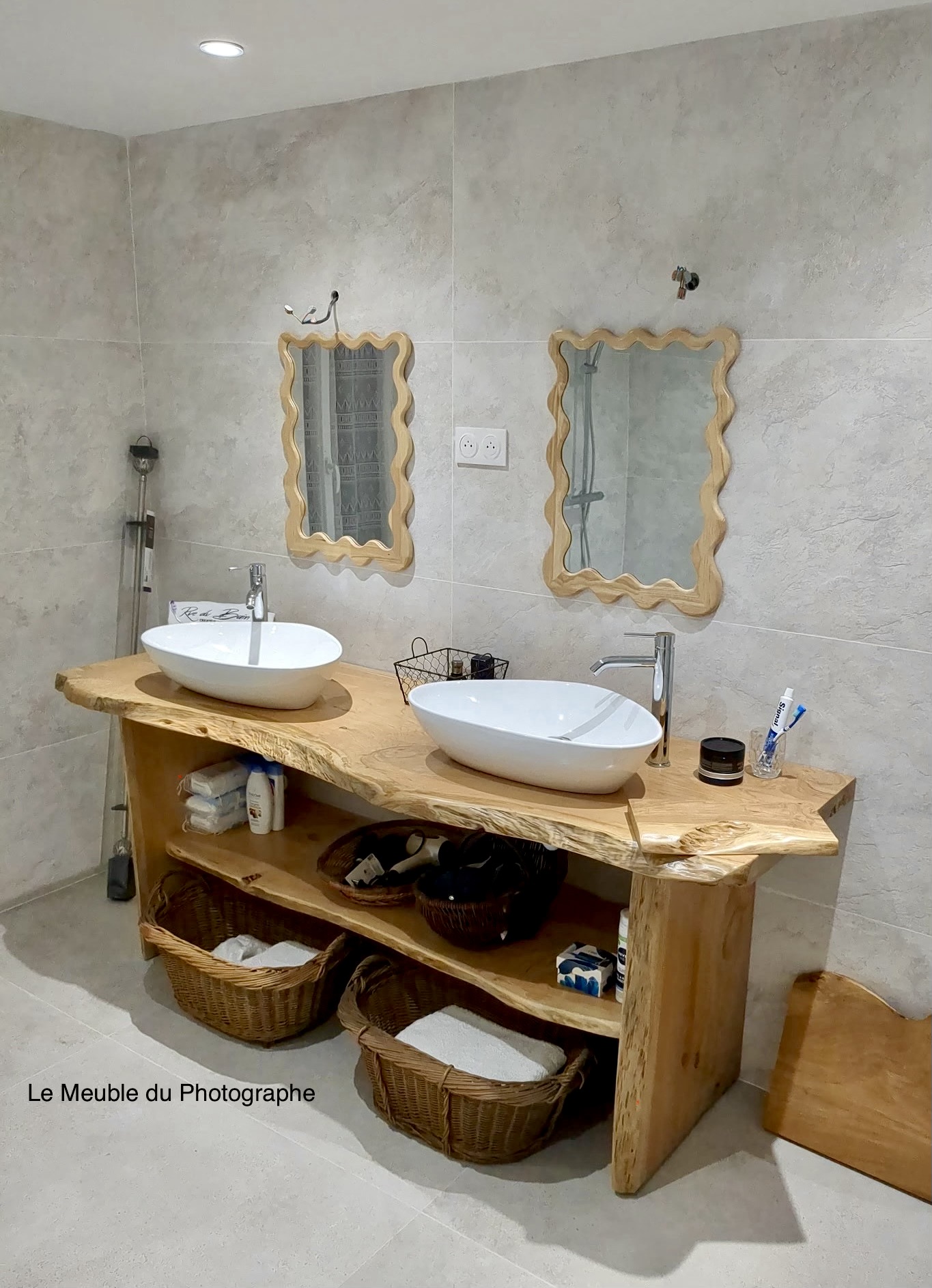 meuble double vasque 200cm bois massif forme irrégulière