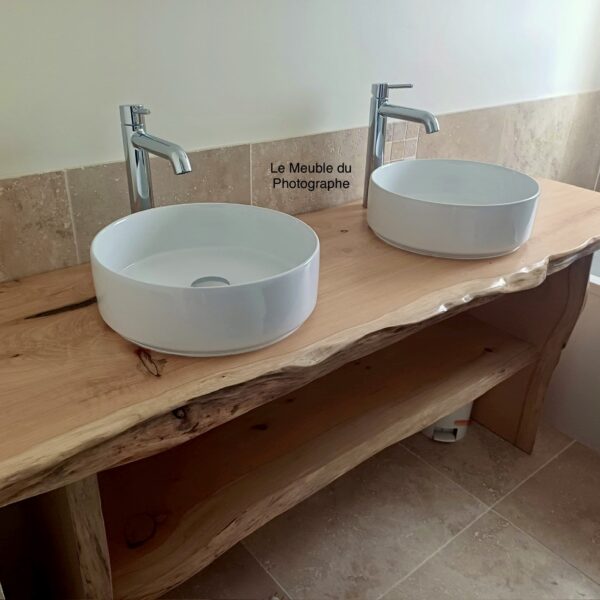 Meuble double vasque salle de bain en bois brut massif forme arbre 165cm