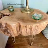 table basse rondin de bois sur pieds fer doré