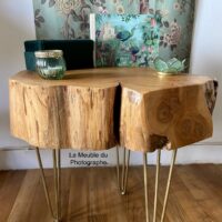 table basse rondin de bois sur pieds fer doré