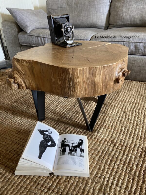 Table rondin de bois en chêne, 60cm de diamètre, avec pieds métal